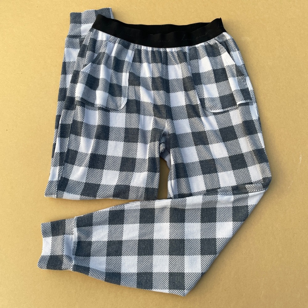PINK Victoria's Secret Pajama Joggers Women M Black White Plaid Waffle Knit Cozy